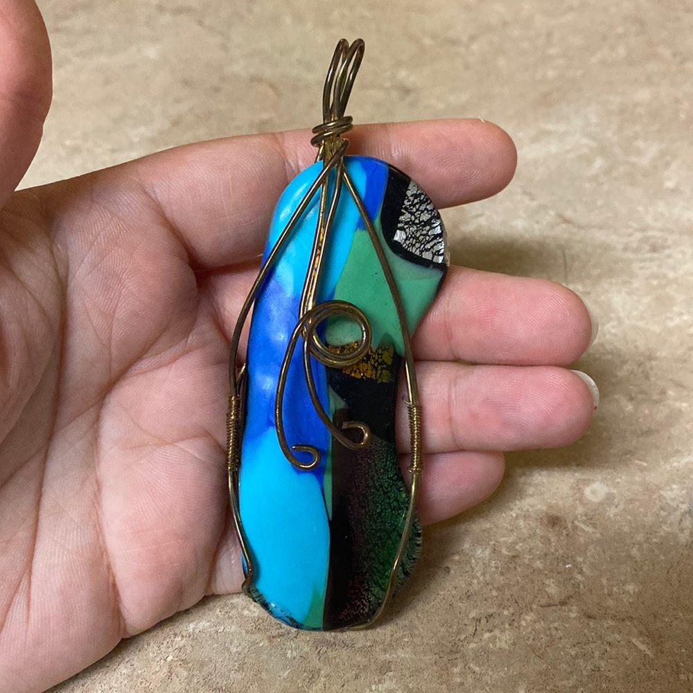 Dichroic Glass Pendant with Hand-Woven Wire Frame
